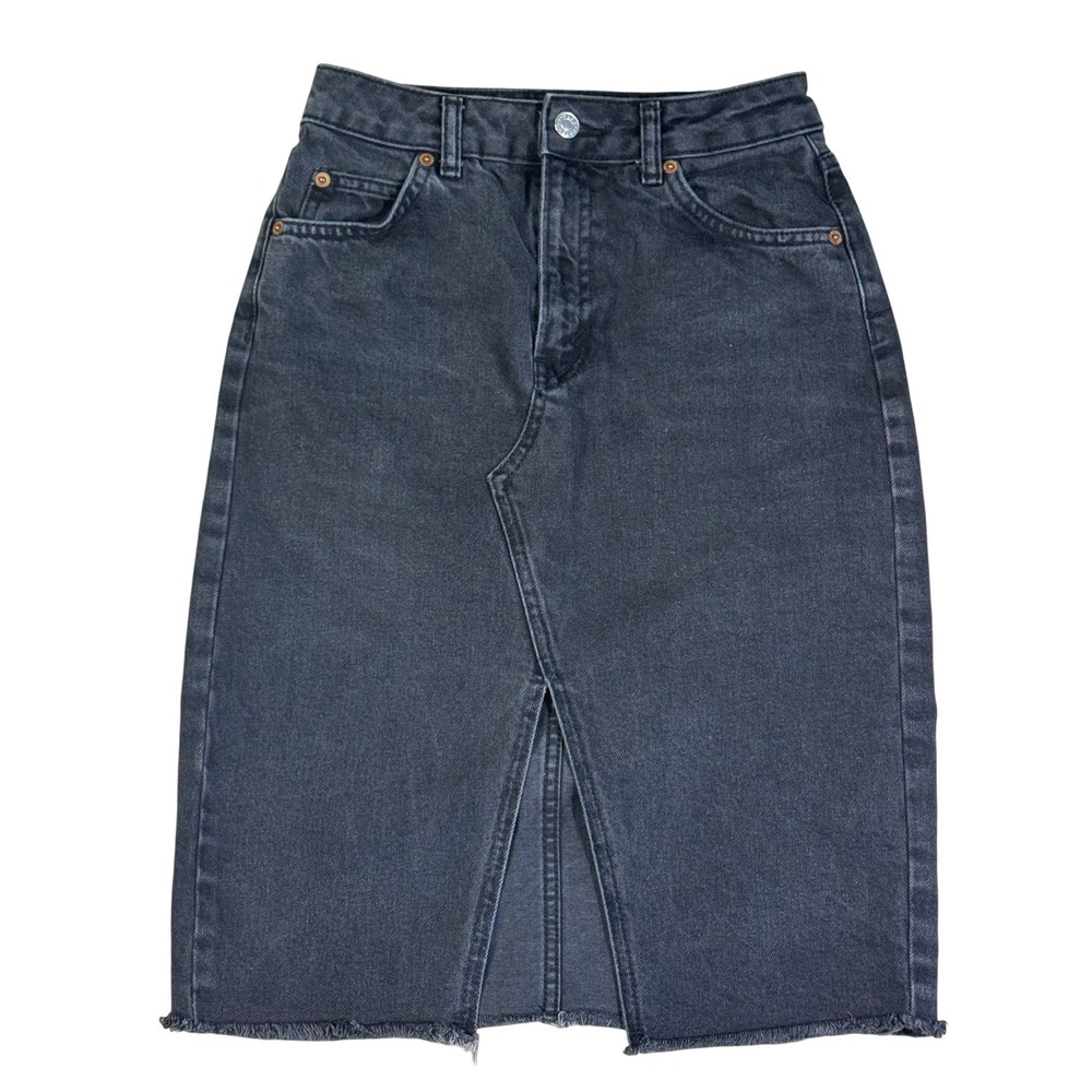 Topshop MOTO Faded Black‎ Denim Midi Skirt Sz 2 Grunge Y2K Indie